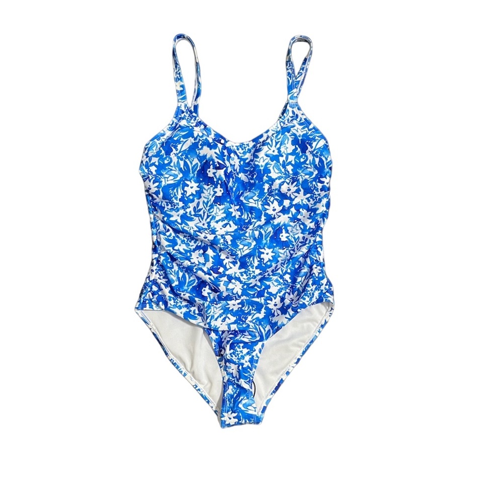 Nicole Miller one piece side ruching slimming blue white swim suit NWT new‎